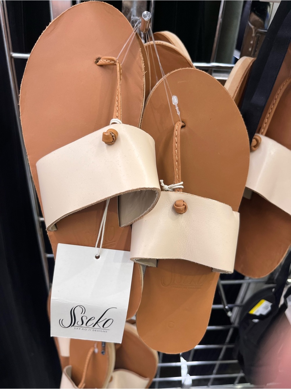 Sseko Cream and Tan Leather Slide Sandals
